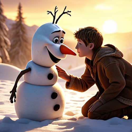 Home 13 A deeply heartfelt and warm-toned cinematic shot of Olaf, slightly translucent as if gently melting, with a profound and tender expression, conveying the concept of unconditional love and self-sacrifice. Soft, golden backlighting in a gentle snowy environment.