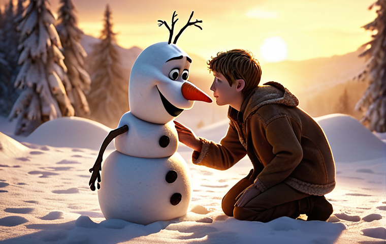 A deeply heartfelt and warm-toned cinematic shot of Olaf, slightly translucent as if gently melting, with a profound and tender expression, conveying the concept of unconditional love and self-sacrifice. Soft, golden backlighting in a gentle snowy environment.
