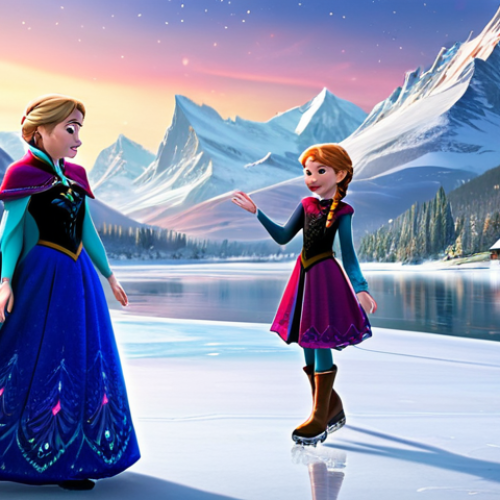 Home 8 **
A heartwarming scene depicting Elsa and Anna ice skating on a frozen lake in Arendelle during winter. Elsa is gracefully creating ice patterns with her magic, while Anna laughs joyously. Both are fully clothed in warm, modest winter attire – Elsa in a long, elegant blue gown with intricate snowflake details, and Anna in a colorful, practical winter dress with a cloak. Snow-covered mountains rise in the background, and the Northern Lights dance across the sky. safe for work, appropriate content, fully clothed, family-friendly, perfect anatomy, natural proportions, well-formed hands, proper finger count, professional illustration, high quality.
**