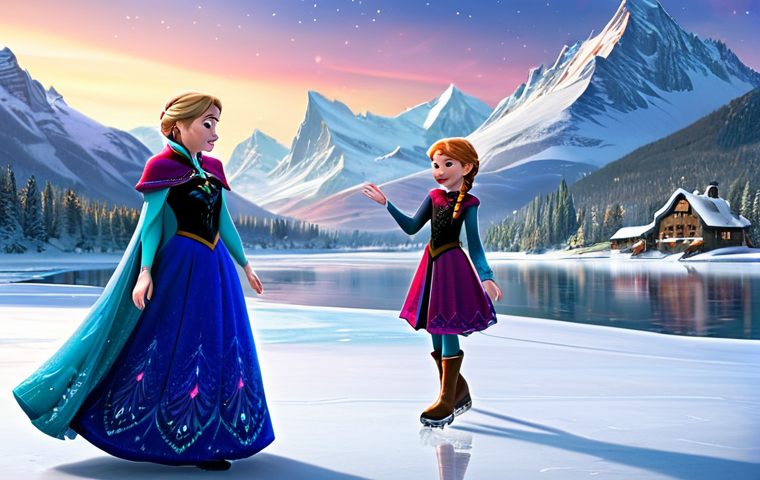 **

A heartwarming scene depicting Elsa and Anna ice skating on a frozen lake in Arendelle during winter. Elsa is gracefully creating ice patterns with her magic, while Anna laughs joyously. Both are fully clothed in warm, modest winter attire – Elsa in a long, elegant blue gown with intricate snowflake details, and Anna in a colorful, practical winter dress with a cloak. Snow-covered mountains rise in the background, and the Northern Lights dance across the sky.  safe for work, appropriate content, fully clothed, family-friendly, perfect anatomy, natural proportions, well-formed hands, proper finger count, professional illustration, high quality.

**