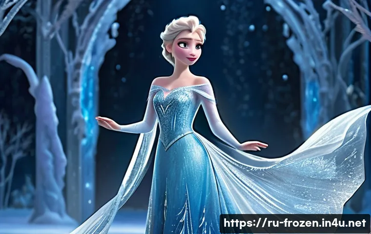 엘사의 드레스 디자인 과정 - **Prompt:** A stunning, full-body shot of Elsa from Disney's Frozen, captured mid-transformation as ...