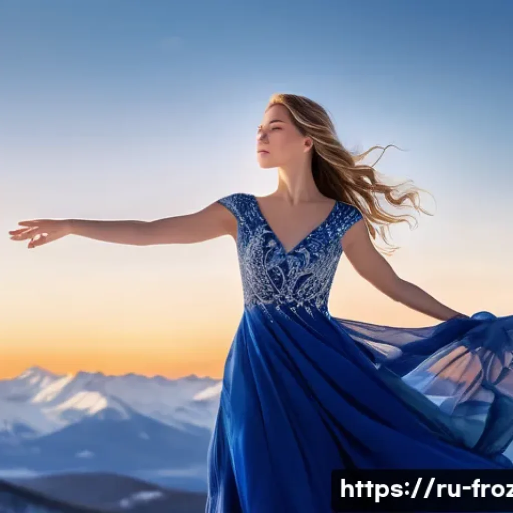 겨울왕국 속 엘사의 독립 선언 - A powerful and inspiring scene of a young woman standing atop a snowy mountain peak at sunrise, embo...