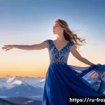 겨울왕국 속 엘사의 독립 선언 - A powerful and inspiring scene of a young woman standing atop a snowy mountain peak at sunrise, embo...