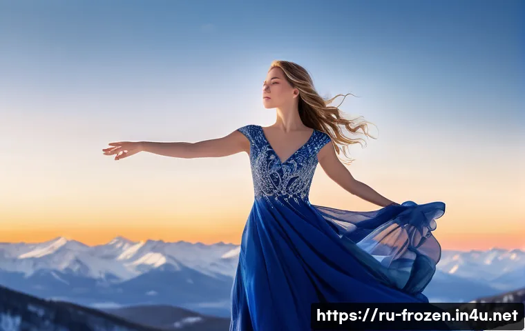 겨울왕국 속 엘사의 독립 선언 - A powerful and inspiring scene of a young woman standing atop a snowy mountain peak at sunrise, embo...