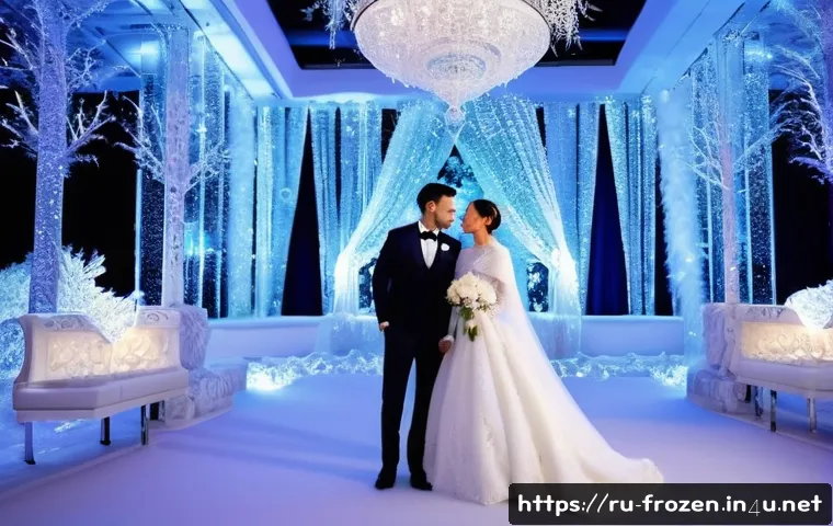 겨울왕국 속 안나와 크리스토프의 결혼 이야기 - A magical winter wedding ceremony set inside a grand ice palace, decorated with shimmering crystal c...