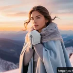Home 23 겨울왕국 속 엘사의 자아 발견 여정 - A young woman standing confidently on a snowy mountain peak at sunset, her expression serene and emp...
