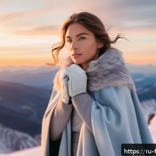 Home 17 겨울왕국 속 엘사의 자아 발견 여정 - A young woman standing confidently on a snowy mountain peak at sunset, her expression serene and emp...