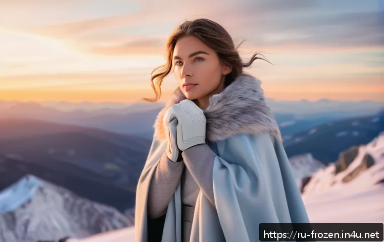 겨울왕국 속 엘사의 자아 발견 여정 - A young woman standing confidently on a snowy mountain peak at sunset, her expression serene and emp...