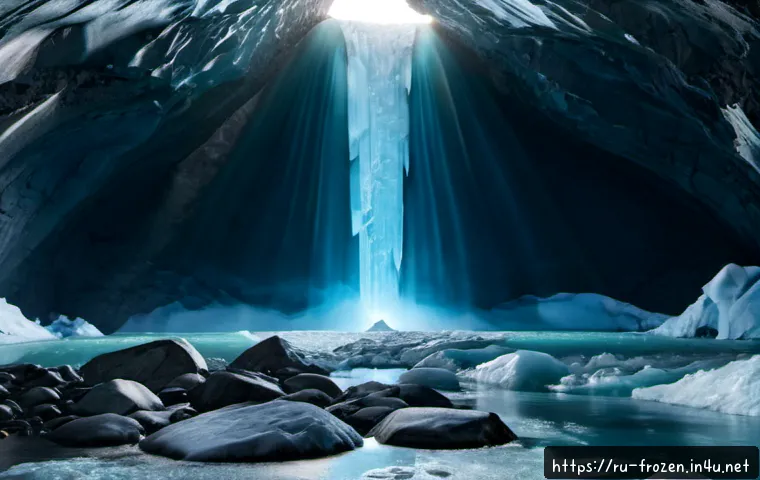 겨울왕국 속 마법의 근원과 설정 - Photorealistic cinematic scene of the ancient source of winter magic deep beneath a vast northern gl...