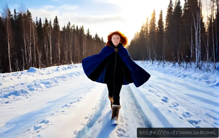 Home 17 겨울왕국 속 안나의 역경 극복기 - Photorealistic cinematic scene of a determined young red-haired woman in a deep blue winter cloak cr...